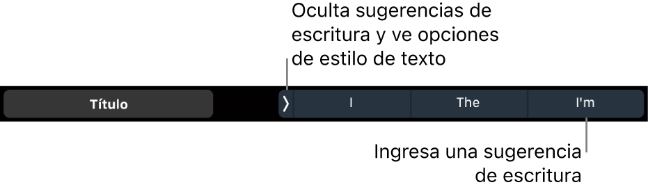 La Touch Bar de la MacBook Pro con controles para elegir el estilo del texto, ocultar e insertar sugerencias de escritura.