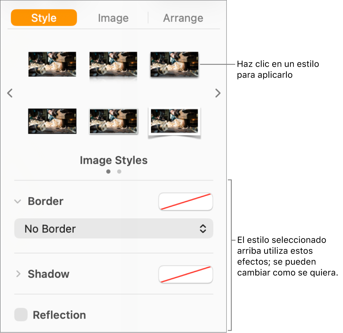 La pestaña Estilo de la barra lateral Formato con opciones de estilo de objeto.