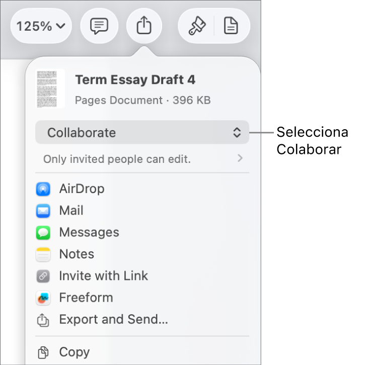 El menú Compartir con la opción Colaborar seleccionada en la parte superior y los ajustes de acceso y permisos debajo.