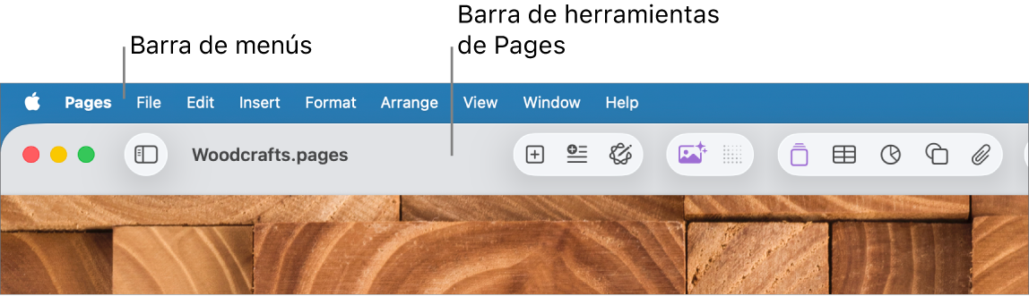 La barra de menús situada en la parte superior de la pantalla con los menús Apple, Pages, Archivo, Edición, Insertar, Formato, Disposición, Visualización, Ventana y Ayuda. Debajo de la barra de menús hay un documento abierto de Pages con los botones Visualización, Zoom, “Añadir página”, Insertar, Tabla, Gráfica, Texto, Figura, Multimedia, Comentario, Compartir y Formato de la barra de herramientas por la parte superior.