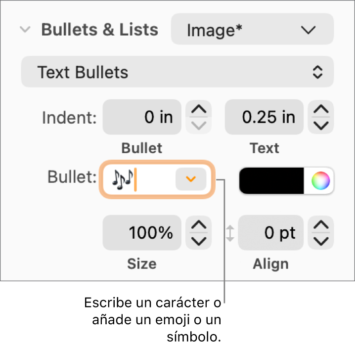 La sección de viñetas y listas de la barra lateral Formato. El campo Viñeta muestra un emoji de una flor.