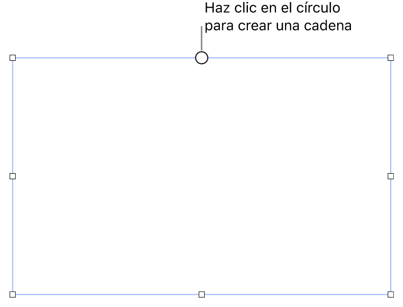 Un cuadro de texto vacío con un círculo blanco en la parte superior y tiradores de redimensionamiento en las esquinas, los laterales y la parte inferior.