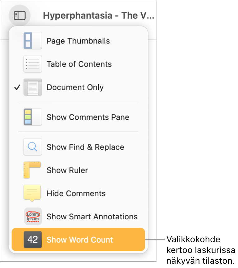 Näytä-valikkoon avoinna, ja sen alareunassa näkyy Näytä merkkimäärä.