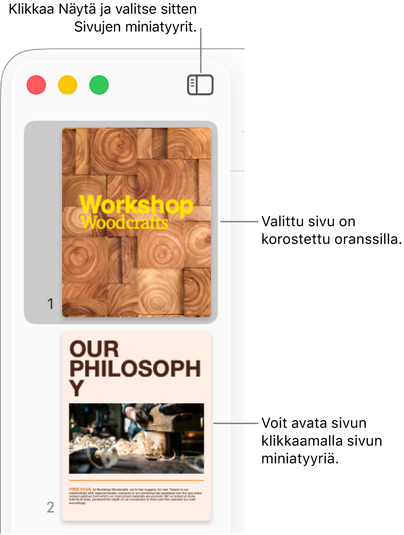 Sivupalkki Pages-ikkunan vasemmalla puolella, jossa miniatyyrinäkymä auki ja valittu sivu korostettuna tummanoranssilla.