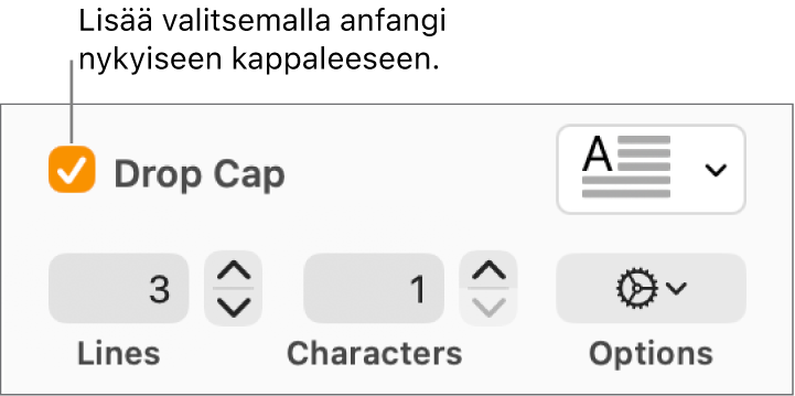 Anfangi-valintaneliö valitaan ja ponnahdusvalikko tulee näkyviin sen oikealla puolella. Säätimet rivien korkeudelle, merkkimäärälle ja muille vaihtoehdoille tulevat näkyviin sen alle.