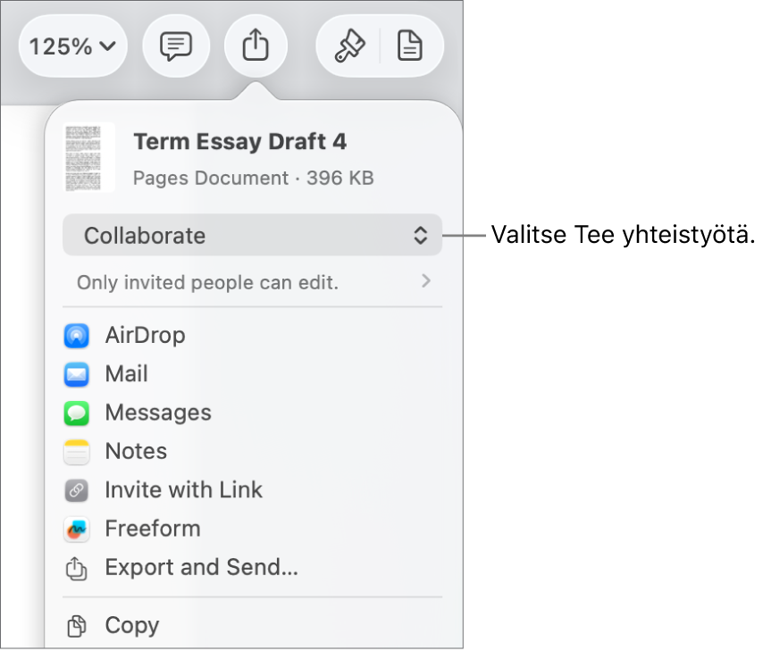 Jaa-valikko, jossa on ylhäällä valittuna Tee yhteistyötä, ja sen alla ovat käyttöoikeus- ja lupa-asetukset.