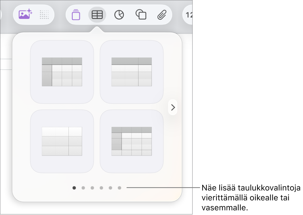 Lisää taulukko -valikko ja navigointinuolet.