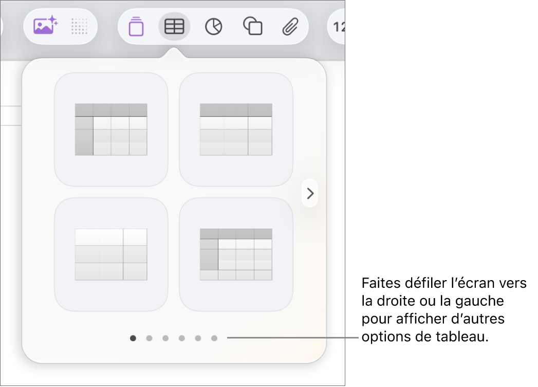 Menu Ajouter un tableau avec des flèches de navigation.