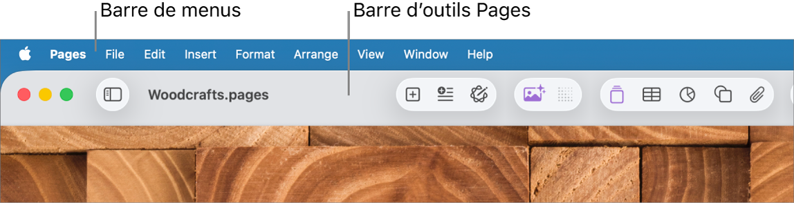 La barre des menus en haut de l’écran avec les menus Apple , Pages, Fichier, Édition, Insertion, Format, Disposition, Présentation, Partage, Fenêtre et Aide. Document Pages ouvert sous la barre des menus avec, tout le long du bord supérieur, des boutons Présentation, Zoom, Ajouter une page, Insérer, Tableau, Graphique, Texte, Forme, Multimédia et Commentaire.