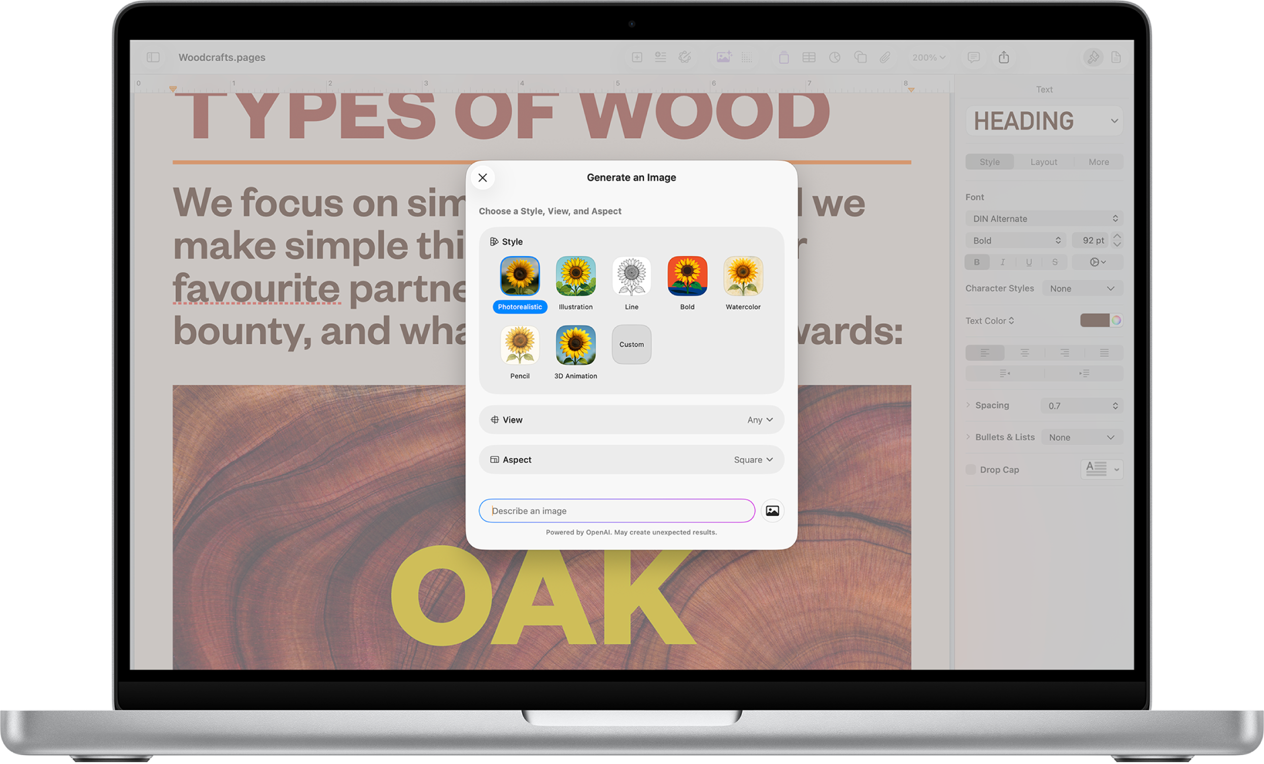La zone de dialogue Générer une image qui affiche des options pour la génération d’une image à partir d’une description textuelle.