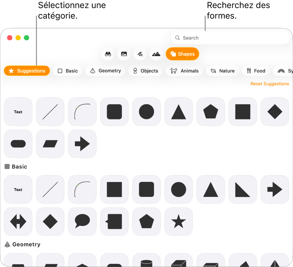 La bibliothèque de formes, avec les catégories répertoriées sur le côté gauche et les formes affichées sur le côté droit. Vous pouvez utiliser le champ de recherche situé en haut pour rechercher des formes. Vous pouvez également parcourir l’écran pour en trouver d’autres.