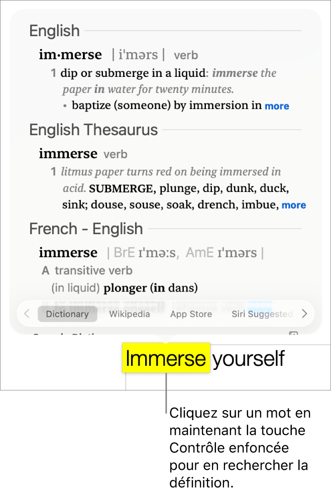 Un paragraphe avec un mot surligné et une fenêtre contenant sa définition et des synonymes. Les boutons en bas de la fenêtre fournissent des liens vers le dictionnaire, Wikipédia et les sites Web suggérés par Siri.