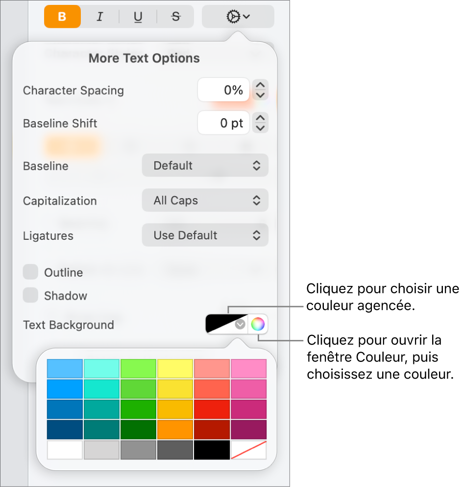 Commandes de sélection d’une couleur d’arrière-plan du texte.