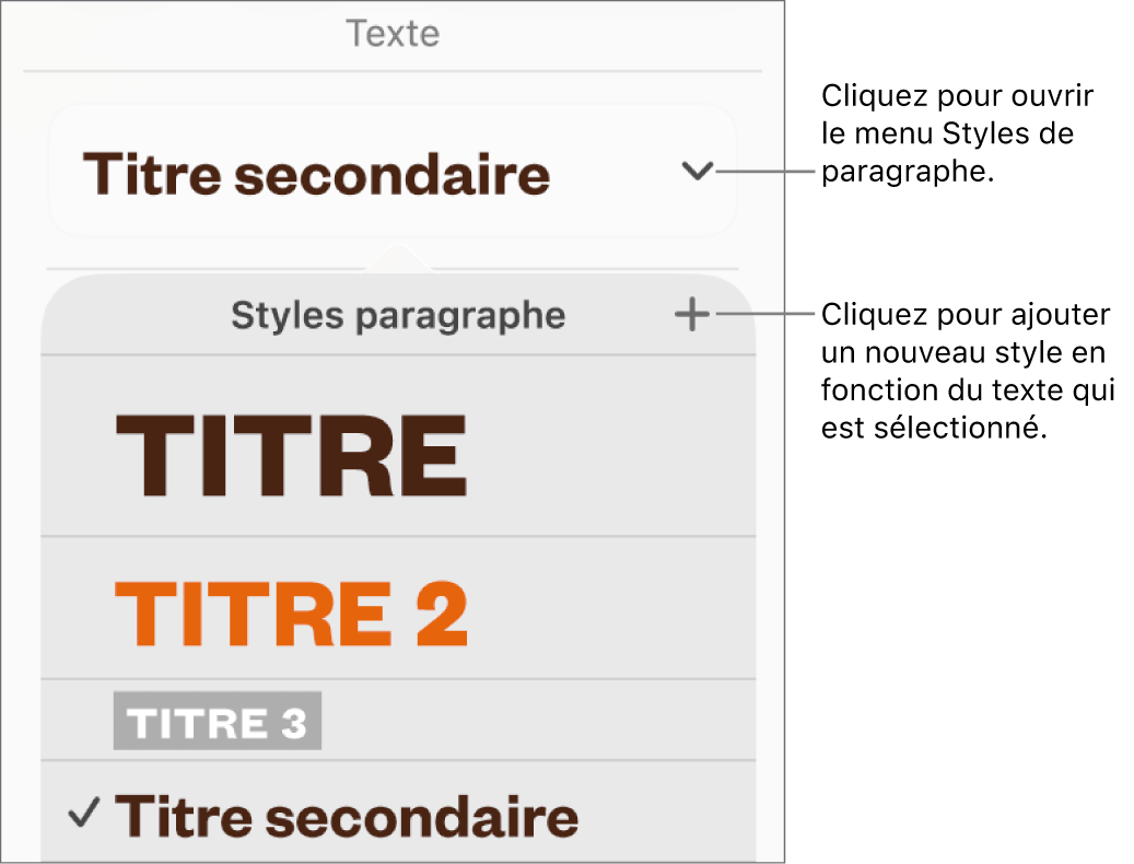 Le menu « Styles de paragraphe », affichant des commandes pour ajouter ou modifier un style.