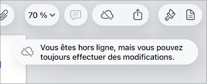 Les boutons en haut de l’écran, avec le bouton Collaboration remplacé par un nuage barré d’une ligne diagonale. Une alerte à l’écran indique « Vous êtes hors ligne, mais vous pouvez toujours effectuer des modifications ».