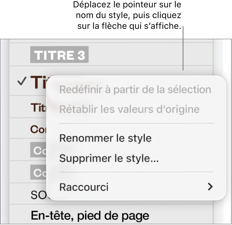 Le menu « Styles de paragraphe » avec le menu contextuel ouvert.