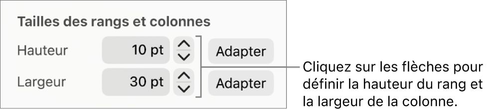 Commandes permettant de définir une taille précise de rang ou de colonne.