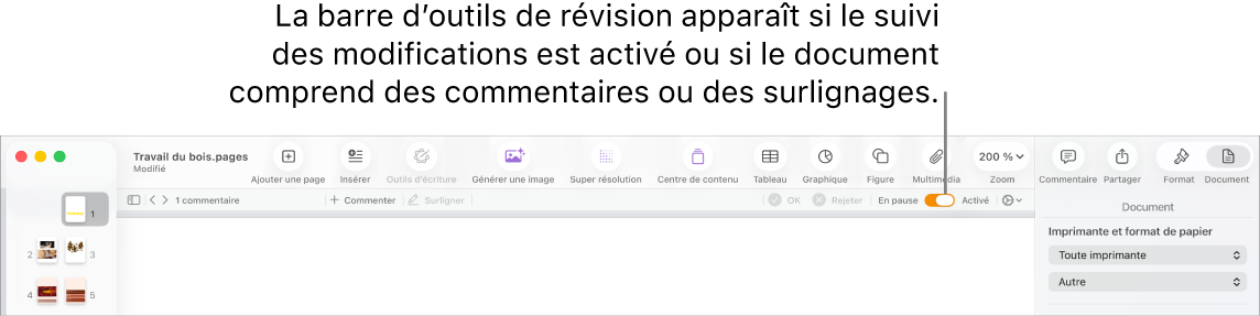 La barre d’outils de Pages avec le suivi des modifications activé et la barre d’outils de révision en dessous.