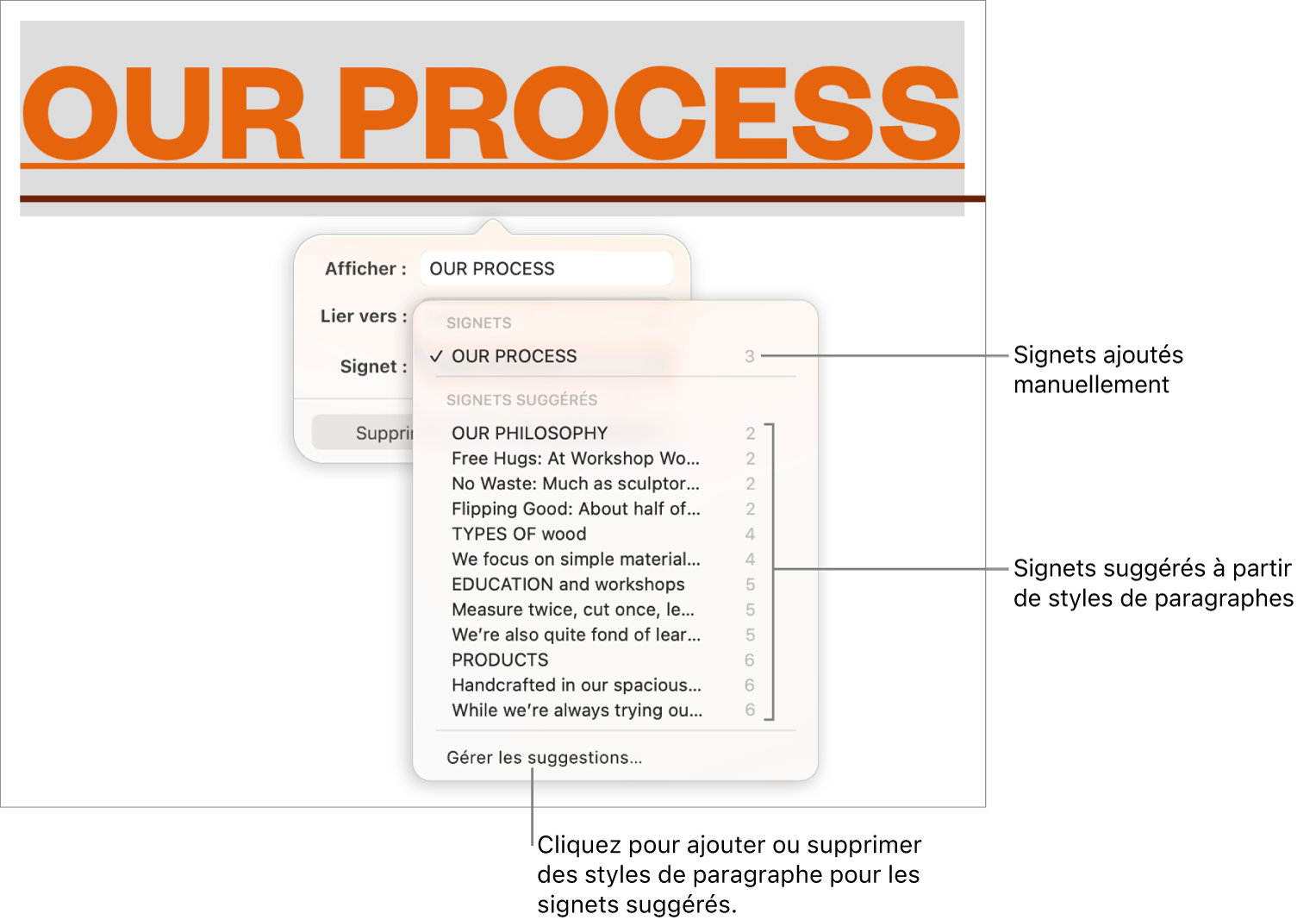 Liste de signets, avec les signets manuellement ajoutés en haut et les signets suggérés en dessous. L’option Gérer les suggestions s’affiche en bas.