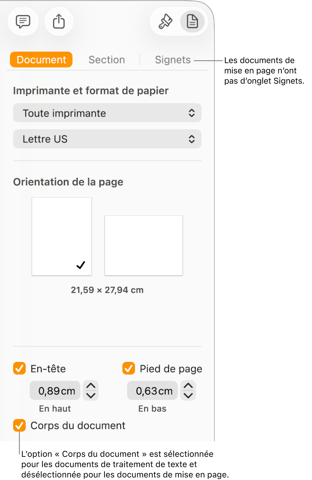 La barre latérale Format avec les onglets Document, Section et Signets en haut. L’onglet Document est sélectionné et une légende concernant l’onglet Signets indique que les documents de mise en page n’ont pas d’onglet Signets. La case « Corps du document » est cochée, ce qui indique également qu’il s’agit d’un document de traitement de texte.