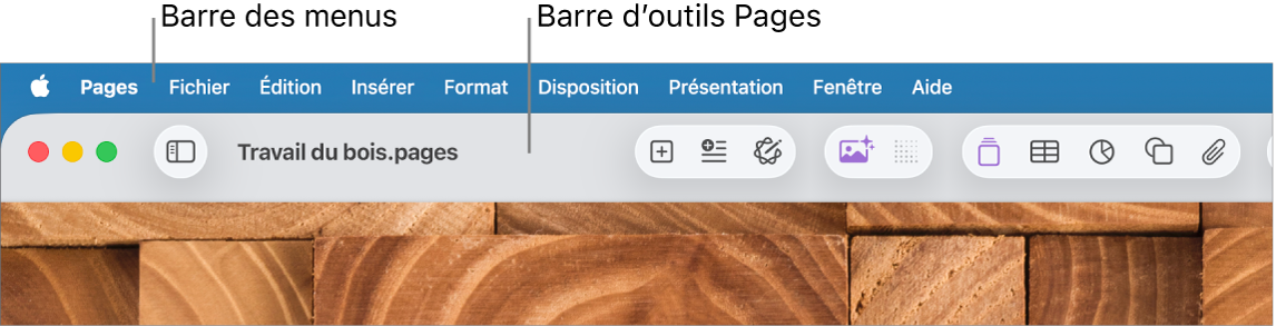 La barre des menus en haut de l’écran avec les menus Pomme, Pages, Fichier, Édition, Insertion, Format, Disposition, Présentation, Partager, Fenêtre et Aide. Sous la barre des menus, un document Pages ouvert avec une barre d’outils supérieure proposant les boutons Présentation, Zoom, Ajouter une page, Insérer, Tableau, Graphique, Texte, Figure, Données multimédias et Commentaire.