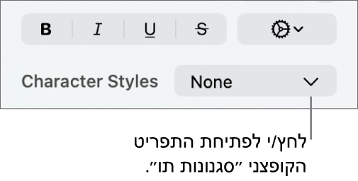 התפריט הקופצני ״סגנונות תווים״ מתחת לכלי בקרה לשינוי סגנון המלל והצבע שלו.
