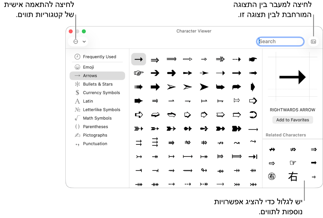 ״מציג התויים״ המורחב מציג תווים מיוחדים וסמלים, תפריט עבור הקטגוריות השונות של סמלים מופיע מימין וכפתור בפינה השמאלית העליונה מאפשר לך לחזור לתצוגה המצומצמת.