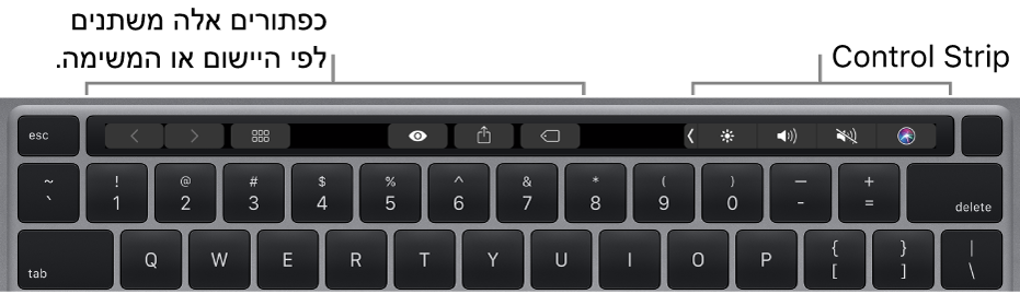 מקלדת עם Touch Bar מעל למקשי המספרים. כפתורים לשינוי מלל נמצאים משמאל ובאמצע. Control Strip מימין מכיל פקדי מערכת לשינוי הבהירות, לכוונון עוצמת הקול ולהפעלת Siri.