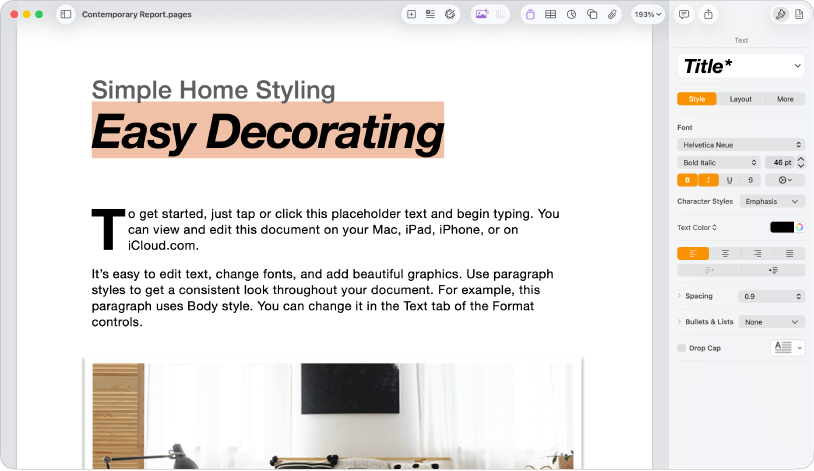 סרגל הצד ״עיצוב״ פתוח במסמך שבו הכרטיסיה ״מלל״ נבחרה.