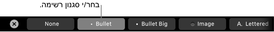 ה‑Touch Bar ב‑MacBook Pro עם כלי בקרה לבחירת סגנון רשימה.