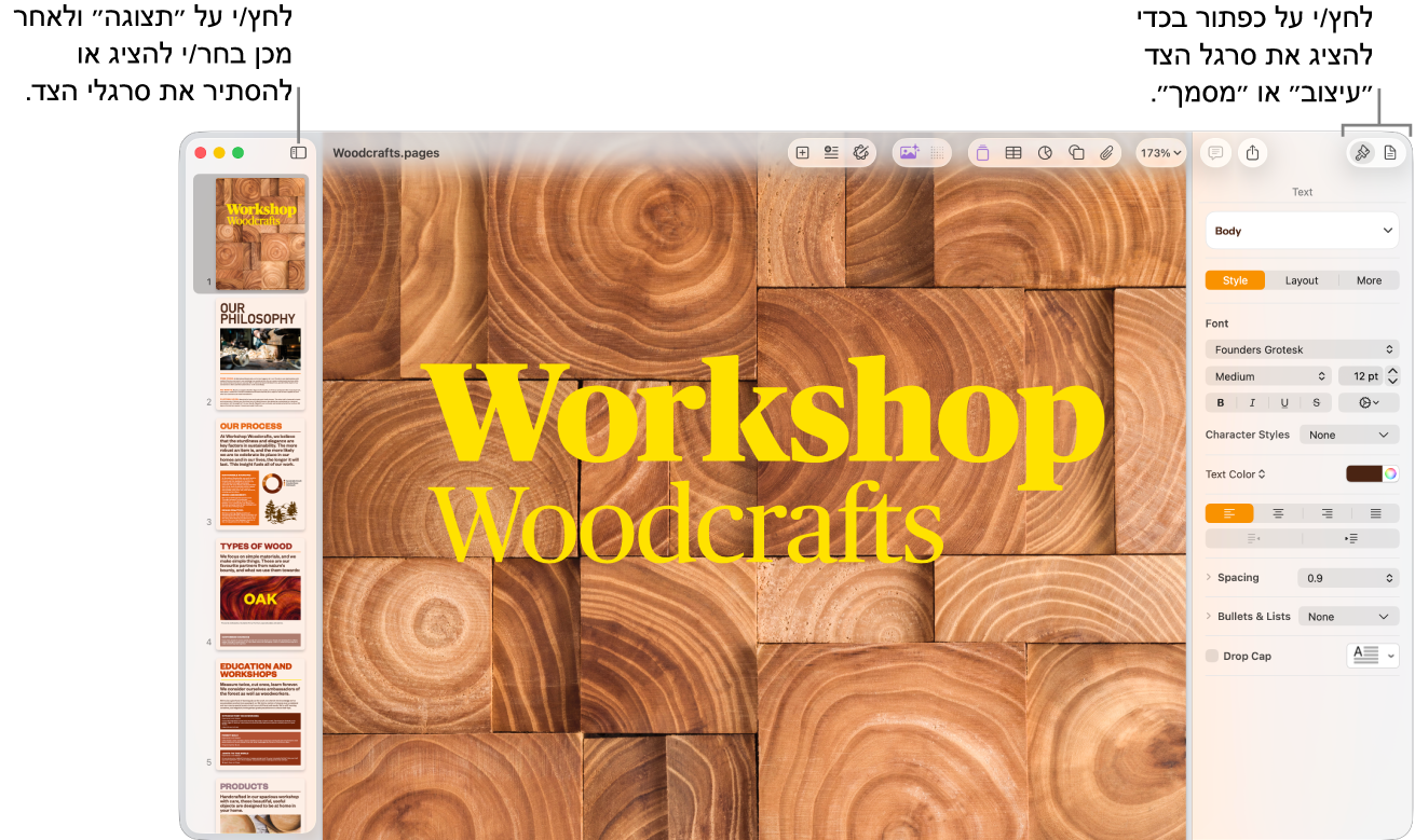 החלון של Pages עם הסברים עבור כפתור תפריט ״תצוגה״ והכפתורים ״עיצוב״ ו״מסמך״ בסרגל הכלים. סרגלי הצד פתוחים משמאל ומימין.