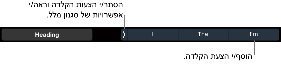ה‑Touch Bar ב‑MacBook Pro עם כלי בקרה לבחירת סגנון מלל, להסתרת הצעות הקלדה ולהוספת הצעות הקלדה.
