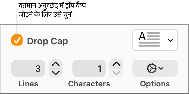 ड्रॉप कैप चेकबॉक्स चुना जाता है, और उसके दाईं ओर पॉप-अप मेनू दिखाई देता है; पंक्ति ऊँचाई, वर्णों की संख्या के नियंत्रण और अन्य विकल्प उसके नीचे दिखाई देते हैं।