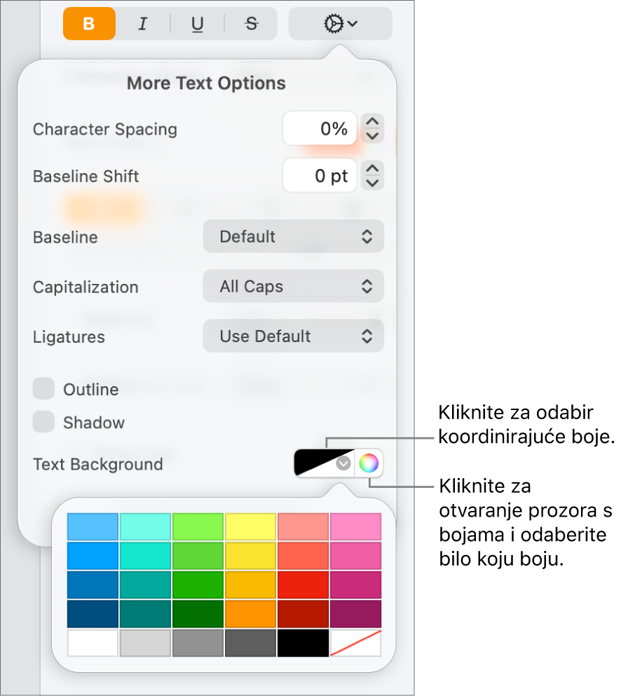 Kontrole za odabir boje pozadine za tekst.