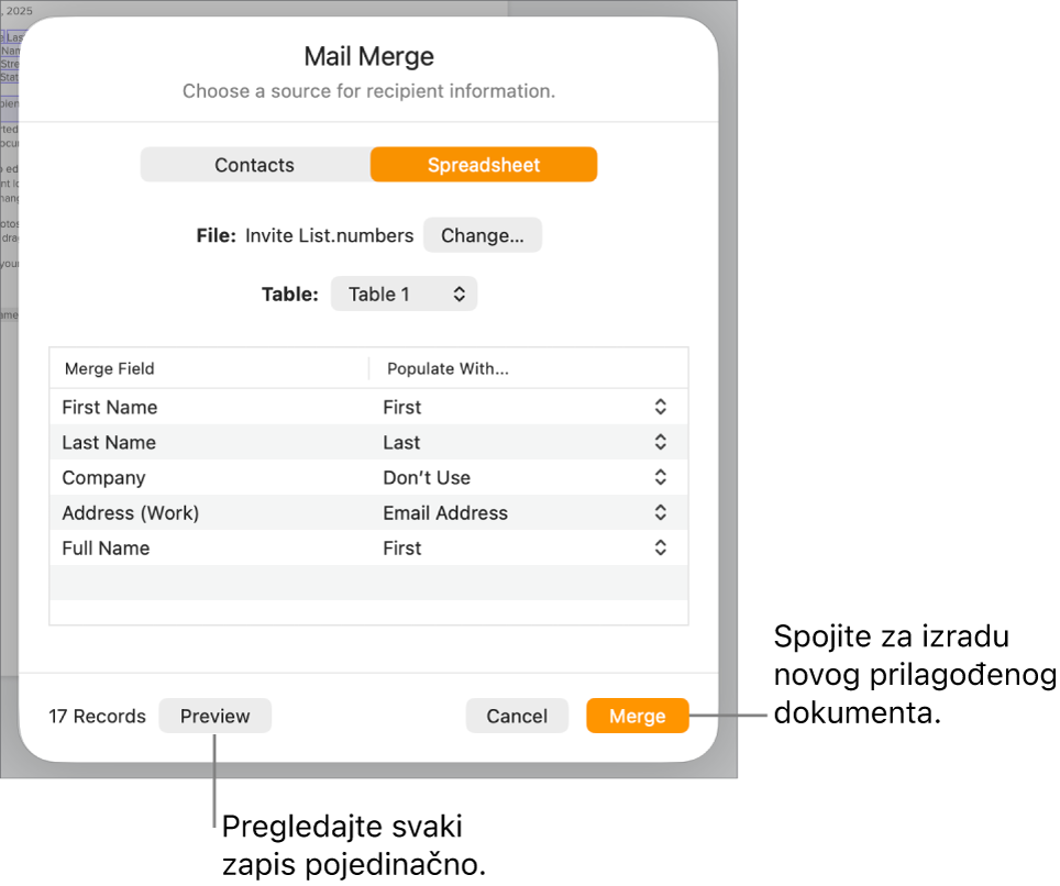 Otvoren je prozor spajanja pošte, s opcijama za promjenu izvorišne datoteke ili tablice, pretpregled naziva polja spajanja ili pojedinačnih zapisa ili spajanje dokumenta.
