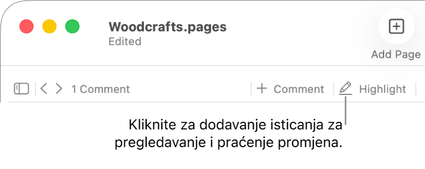 Traka s izbornikom u kojoj se prikazuje izbornik Umetni i, ispod nje, alatna traka aplikacije Pages s prikazanim alatima za pregled te balončićem za tipku Označi.