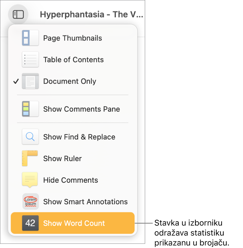 Izbornik Prikaz otvoren s opcijom Prikaži broj znakova pri dnu.