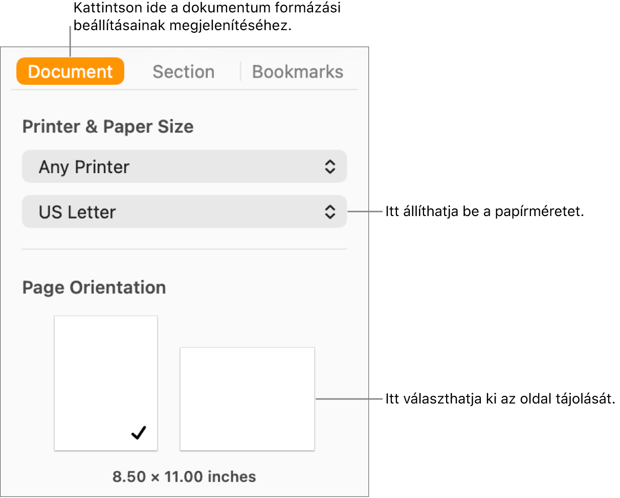 A Dokumentum oldalsáv az oldalsáv tetején kijelölt Dokumentum lappal. Az oldalsávon a papírméret beállítására szolgáló előugró menü, valamint az oldal álló és fekvő tájolásának kiválasztására szolgáló gombok láthatók.