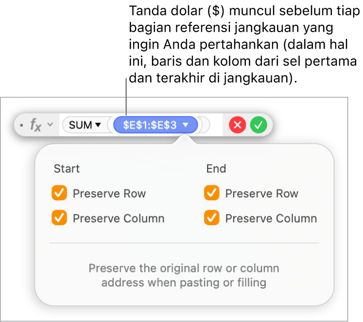Editor Formula menampilkan opsi Pertahankan Baris dan Pertahankan Kolom yang dipilih untuk rentang tertentu.