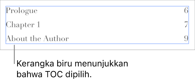 Daftar isi disisipkan ke dalam dokumen. Entri menampilkan heading bersamaan dengan nomor halamannya.