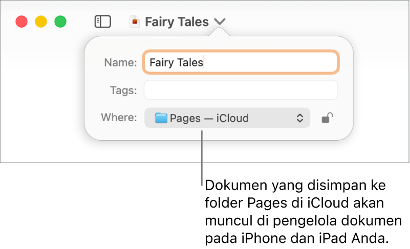 Dialog Simpan untuk dokumen dengan Pages—iCloud di menu pop-up Tempat.