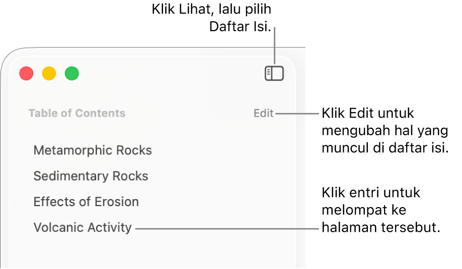 Daftar isi di sisi kiri jendela Pages dengan tombol Edit di pojok kanan atas bar samping dan entri daftar isi di daftar. Tombol Lihat berada di pojok kiri atas bar alat Pages, di atas bar samping.