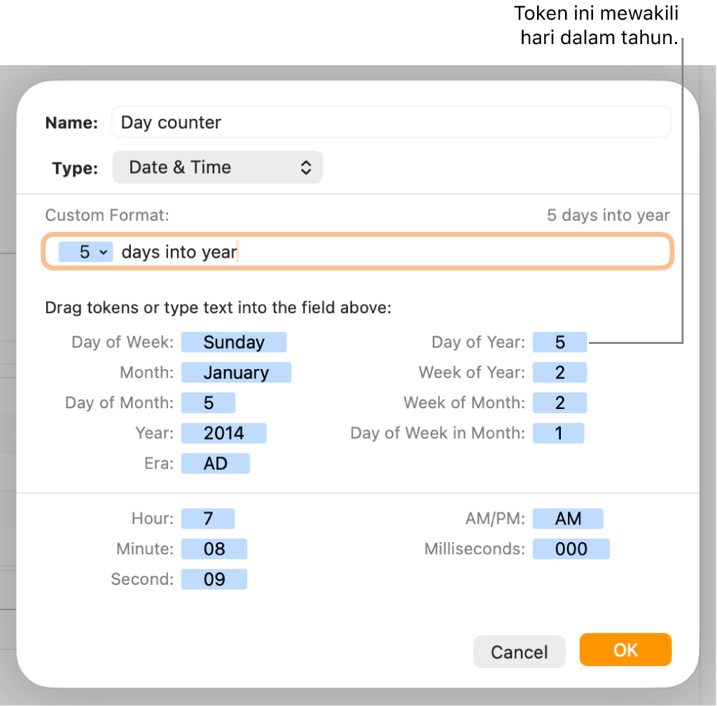 Jendela format sel khusus dengan kontrol untuk memilih pemformatan tanggal dan waktu khusus.