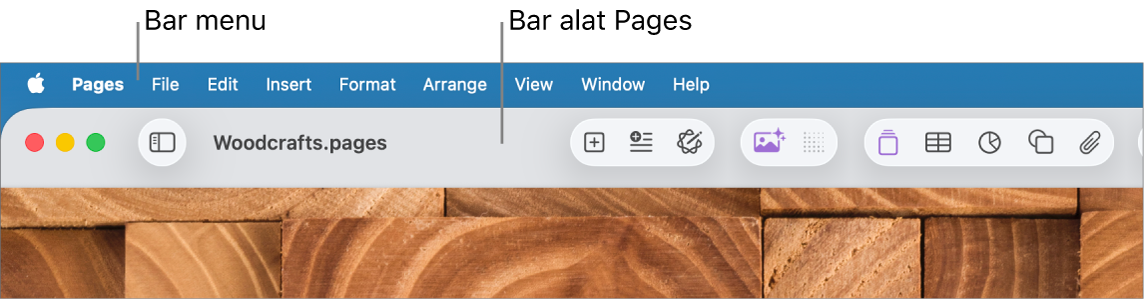 Bar menu di bagian atas layar dengan menu Apple, Pages, File, Edit, Sisipkan, Format, Susun, Lihat, Jendela, dan Bantuan. Di bawah bar menu adalah dokumen Pages yang terbuka dengan tombol bar alat di sepanjang bagian atas untuk Lihat, Zoom, Tambah Halaman, Sisipkan, Tabel, Bagan, Teks, Bentuk, Media, Komentar, Bagikan, dan Format.