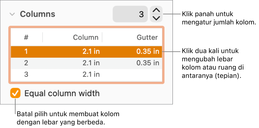 Panel Tata Letak pada inspektur Format, menampilkan kontrol kolom.