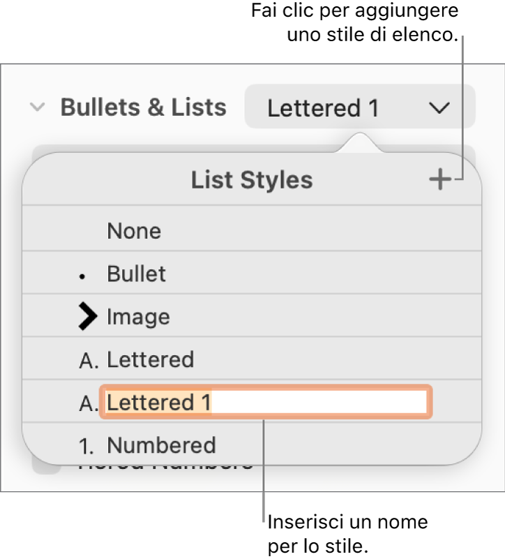 Menu a comparsa “Stili elenco” con un pulsante Aggiungi nell’angolo superiore destro e un nome di stile segnaposto con il suo testo selezionato.