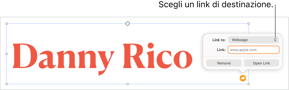 I controlli dell’editor dei link con la pagina web selezionata e con i pulsanti per rimuovere o aprire il link mostrati in basso.
