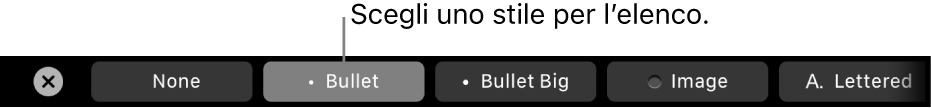 Touch Bar di MacBook Pro con i controlli per scegliere uno stile di elenco.