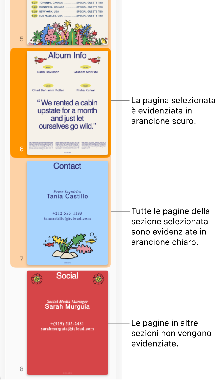 Barra laterale della vista miniature con la pagina selezionata evidenziata in arancione scuro e tutte le pagine della sezione selezionata sottolineate in arancione chiaro.