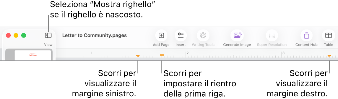 Righello con il controllo del margine sinistro e quello del rientro della prima riga.